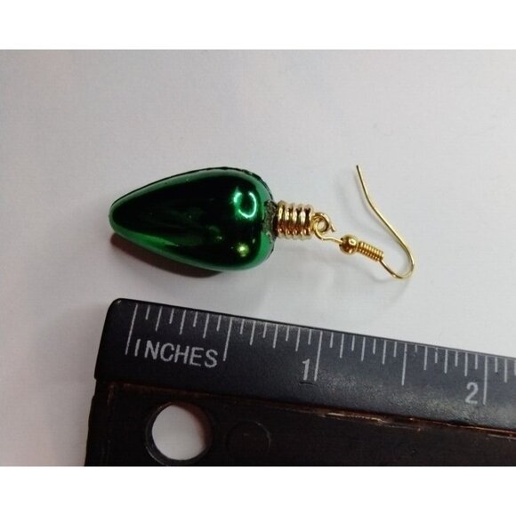 Green Gold Christmas Tree Light Bulb Earrings Hook Drop Dangle - Picture 3 of 3